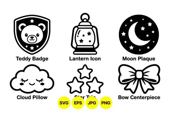 Cute Nighttime Baby Icons Pack: Monochrome Graphics for Peaceful Editorial Design