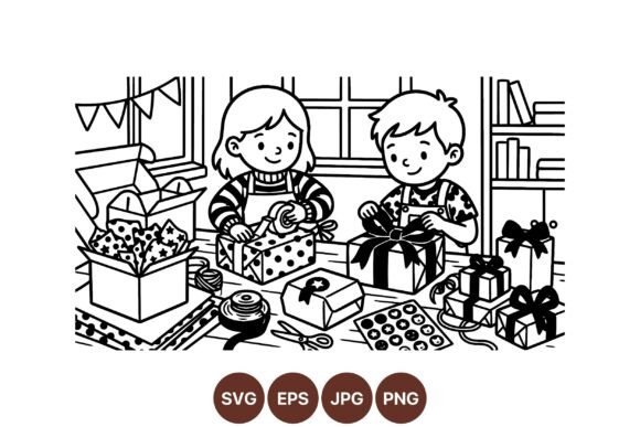 Kids Wrapping Gift Clipart: Cozy Illustrations for Lifestyle and Holiday Blog Graphics